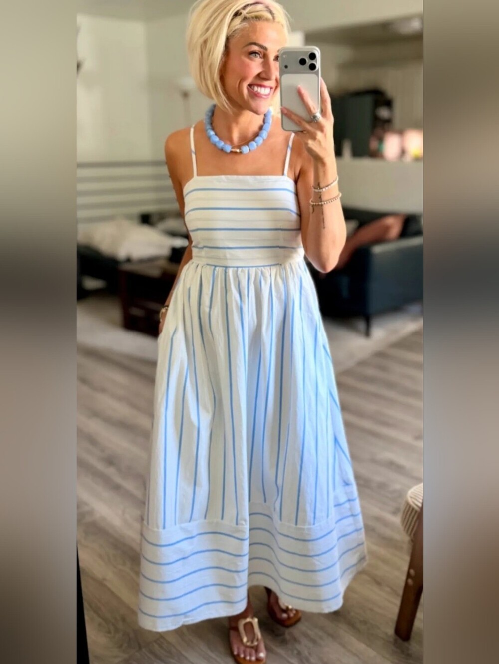 Blue & White Striped Spaghetti Strap Maxi Dress